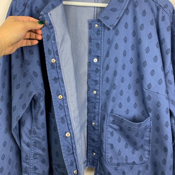 Isaac Mizrahi Jacket Womens XL Blue Denim Printed Fringed Hem Cropped Pockets - Picture 5 of 11